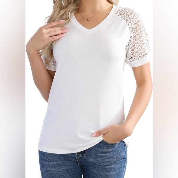 V-Neck Top with Lace Sleeves - Picture 1 of 9